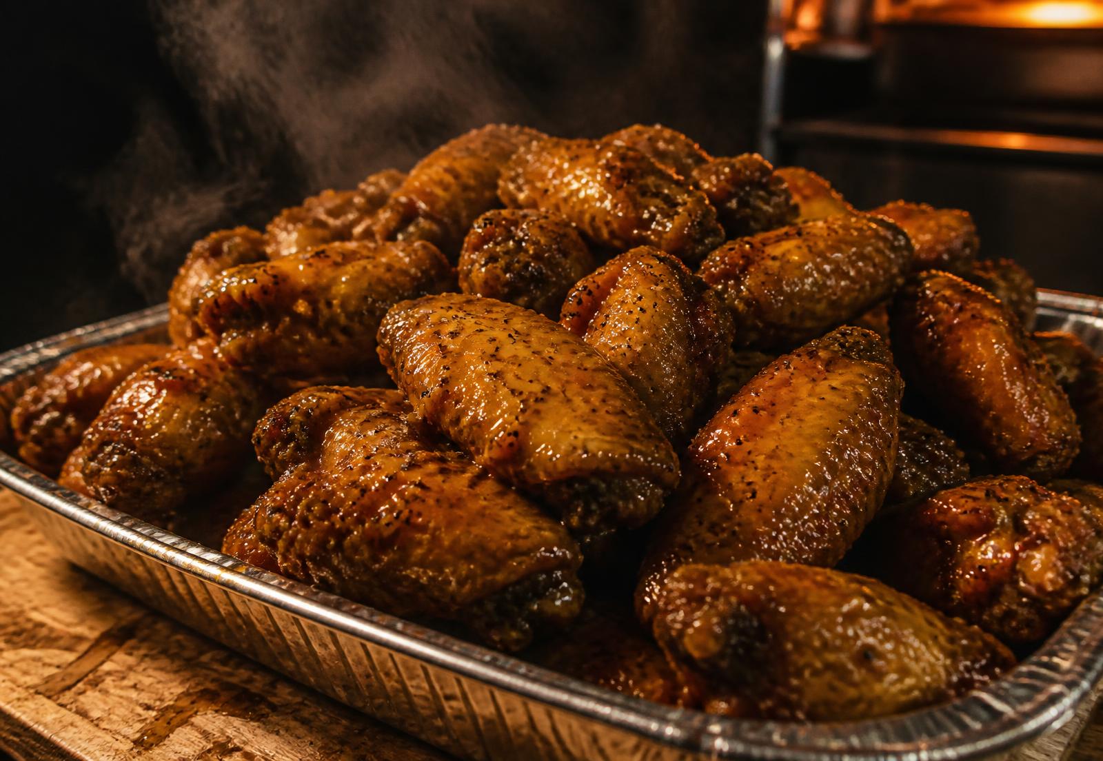 A foil pan piled with honey hot lemon pepper wings under truck signage light